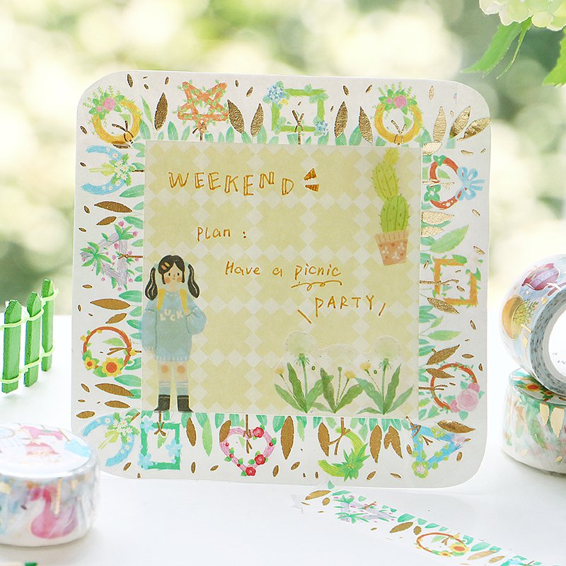 Cinta washi con adorno de flores y corona de flores