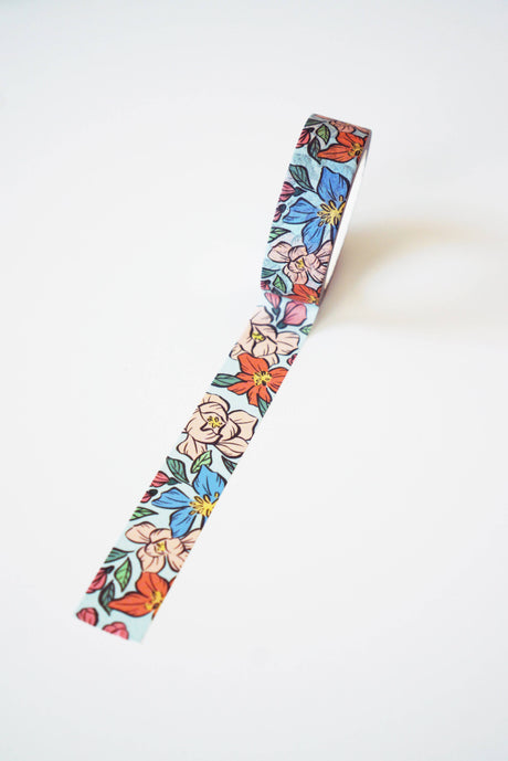 Cinta washi con ilustración floral azul