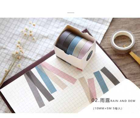 Rain & Dew Solid Color Washi Tape Set 5 Rolls