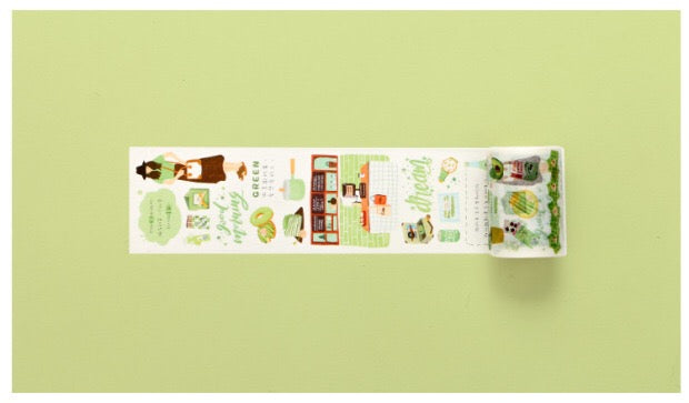 Cinta washi ancha con diseño de collage de color verde claro 