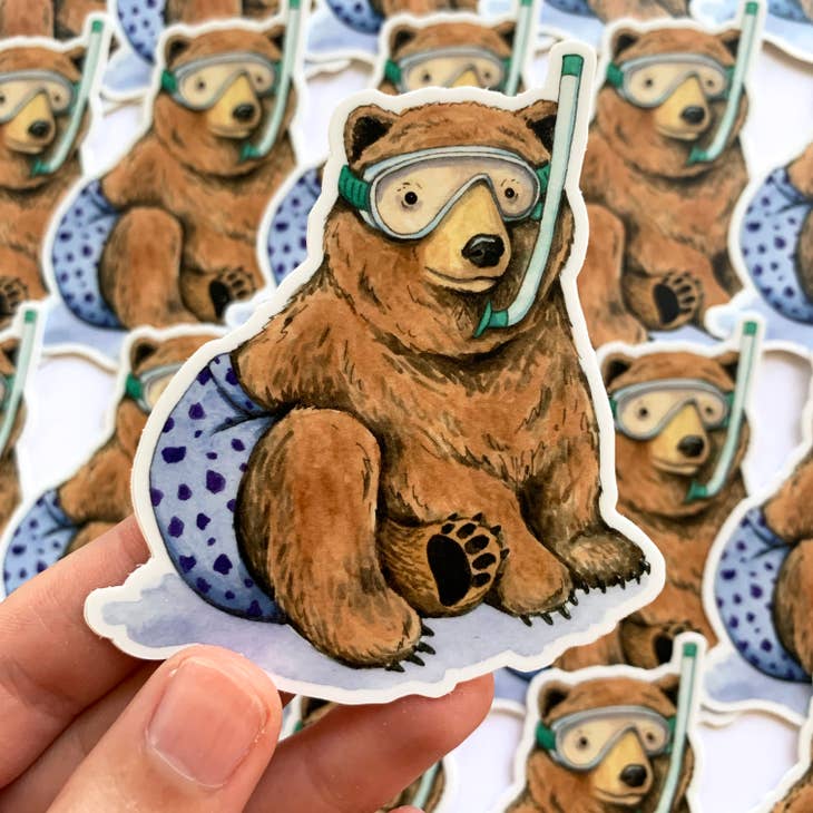 Pegatina de oso haciendo esnórquel