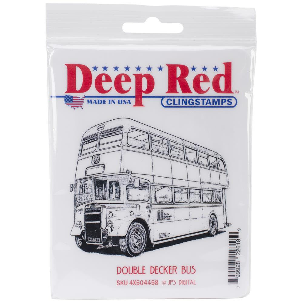 Sello adhesivo rojo oscuro con forma de autobús de dos pisos