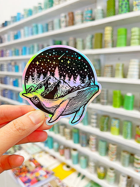 Pegatina de vinilo holográfica de ballena celestial
